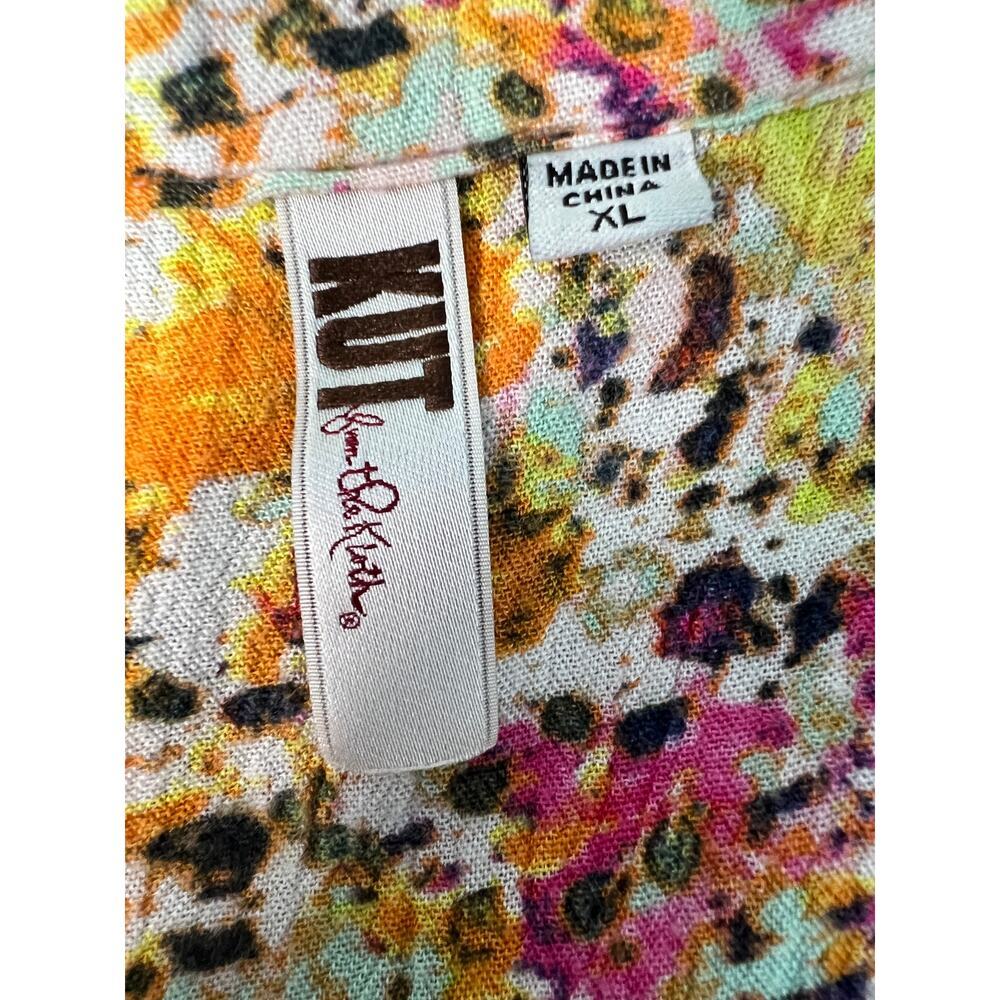 Kut From The Kloth Floral Crinkled Shirt Womens XL Roll Tab Sleeves Relaxed Boho - Picture 2 of 13